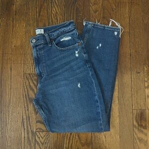 Abercrombie & Fitch The Mom High Rise Blue Distressed Cropped Jeans